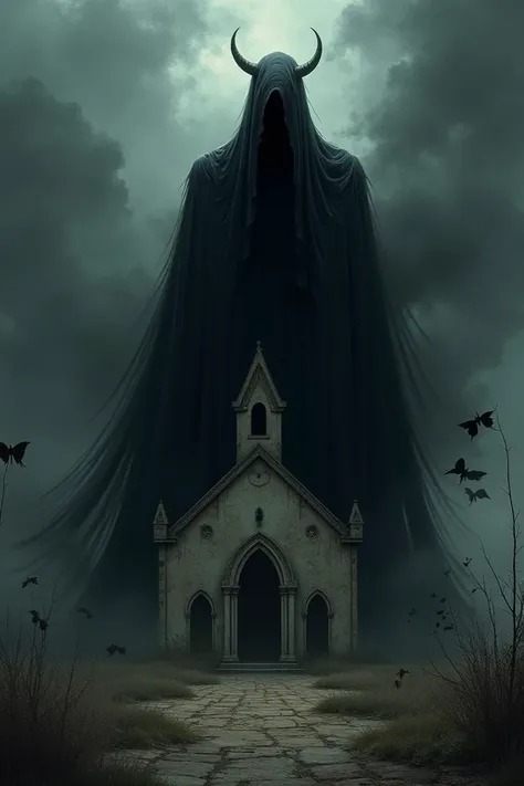  Black demon in black clothes, surrounding a church 