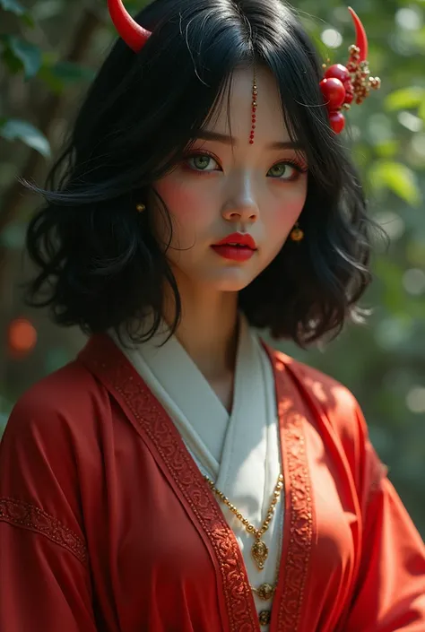 Hind mythology Woman Black Hair。Bob。Straight hair type。Thin red horn。White skin。Green Eyes。Red on the corners of the eyes。Red seductive lips。White sleeves。Bewitching red kimono。Enchanted thighs。