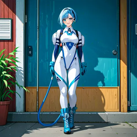 (masterpiece、 best quality、 highest resolution、distinct_image、 Detailed Details): (solo、A girl alone、Face is Japanese、 short cut 、 blue haired girl、Full body、（ perfect body for a lawn：1.4）、 Sparkling Blue Eyes 、Pilot suit in white and blue colors、Tight fit...