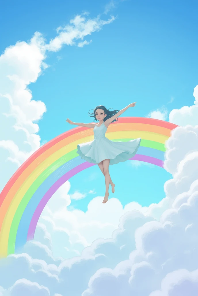 girl above a Rainbow on the sky, clouds, by Miki Asai and rhads.
best quality, masterpiece, intricate details, ultra-detailed