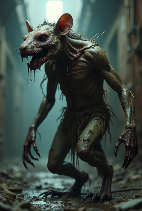  A humanoid zombie rat with deformations in the sewers with toxic gases He wears torn clothes,  Theres hair on the body and parts of the body seem to necrotize and are covered in black slime. And his face is horrifying. Hes big and looks like a supernatura...