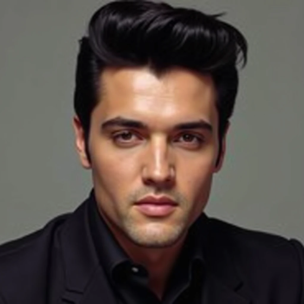 portrait, homem Elvis Presley , and black hair,  short hair, unshaven homem, homem has a small beard, homem is 25 years old, in a black suit, American appearance