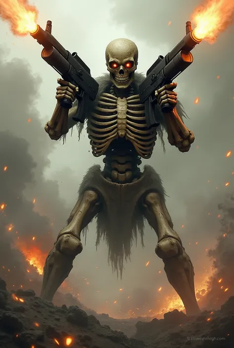 A skeleton with two machine guns firing 