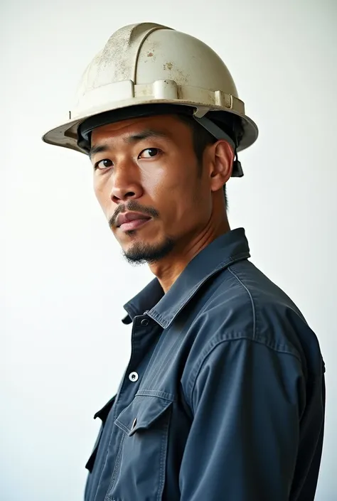 Working Indonesian oil worker, wearing a safety helmet and work attire. The photo is taken from the side, close and the background is white