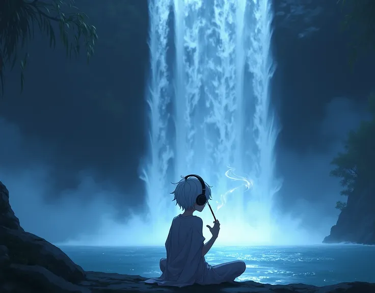 Anime boy with white hairs with headphones smoking shisha at night in front of waterfall