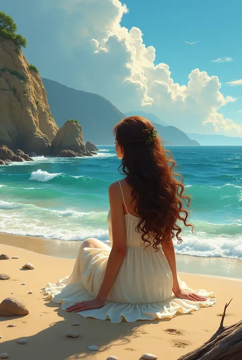 Curly long haired girl sitting on the seashore with beautiful view