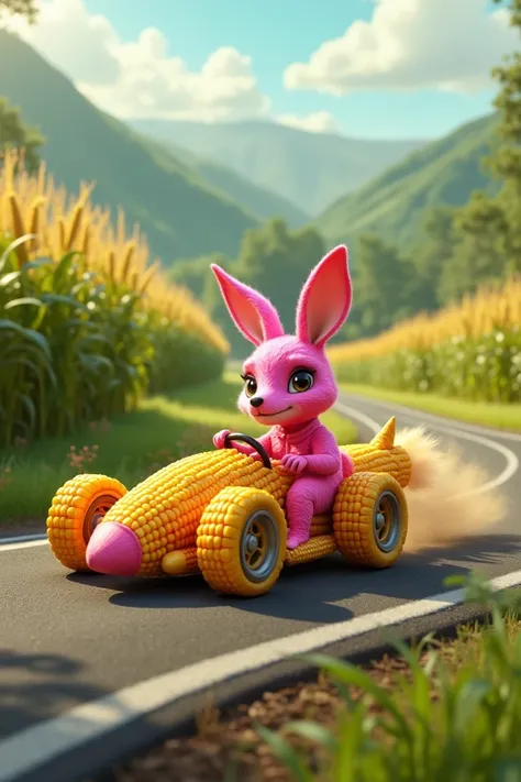 Pinky colour congaroo riding a racing car making out of corn on the way 