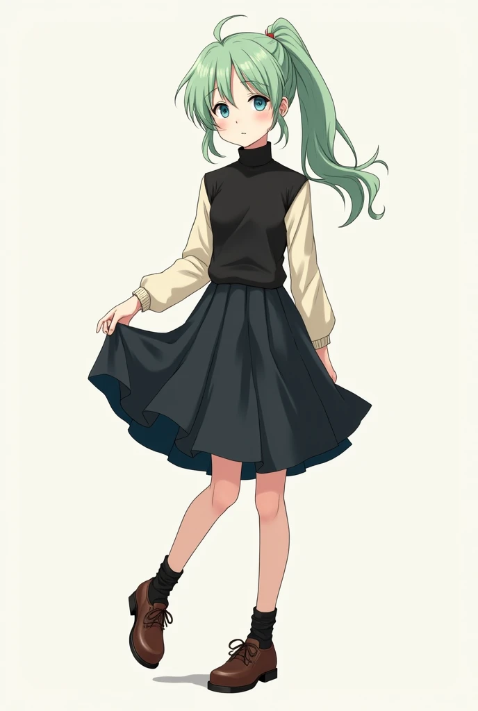 A girl with light green hair, black hair, and blue eyes. Her hair is tied into a ponytail. He wore a black turtleneck and a cream long-sleeved shirt. and wearing a black skirt brown leather shoes The full proportions of her leather shoes were visible. Anim...