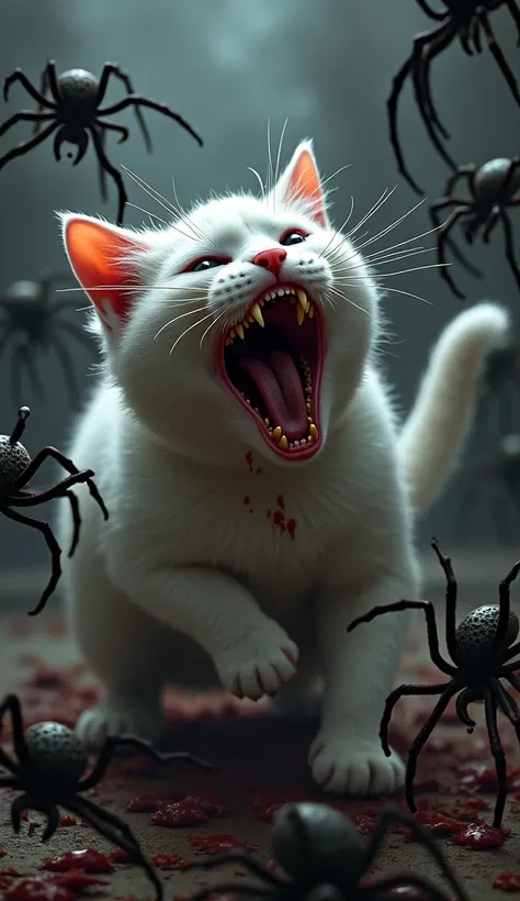 A white cat is bitten by many spiders. The cat is screaming a lot in anger. He has blood stains all over his body. very affected