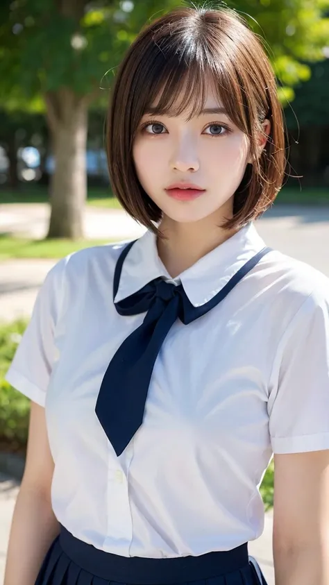 (Bob Cut Hair:1.2),(Wearing school uniform:1.2),1 girl,Japanese,21 years old,(Small breasts:1.3),(Highest quality,masterpiece:1.3,超A high resolution,),(Ultra-detailed,Caustics),(Photorealistic:1.4,RAW shooting,)Ultra-Realistic Capture,Very detailed,High re...