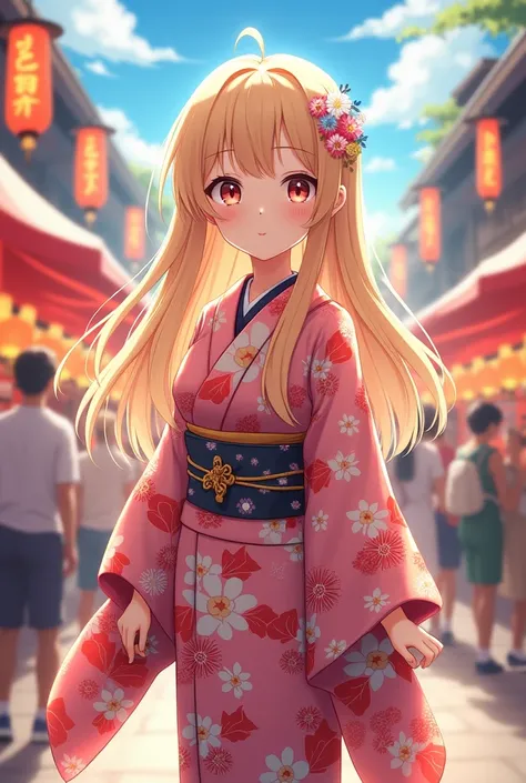 Anime beautiful girl blonde hair yukatta in festival
