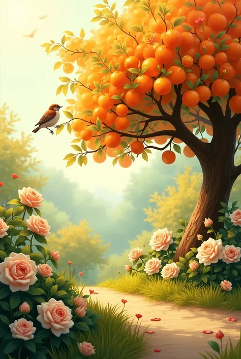  Create a landscape with an orange tree that has flowers and fruits, a brown sparrow and a rosebush with white roses with red spots