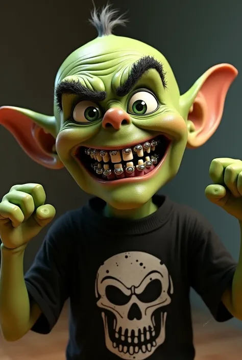 Villain Sid  ( the one from the movie Toy Story ,  NOT TOY STORY BUT THE VILLAIN  "Sid")  laughing maliciously wearing a black shirt and a skull,  green eyes,  arched eyebrows , gray braces ,  big eyes