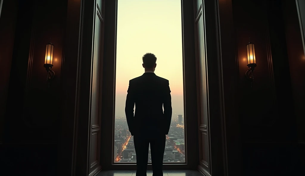 a man in a suit silhouetted against a bright window, overlooking a cityscape, luxary hotel, dark hallway, dramatic lighting, film noir, united kingdom