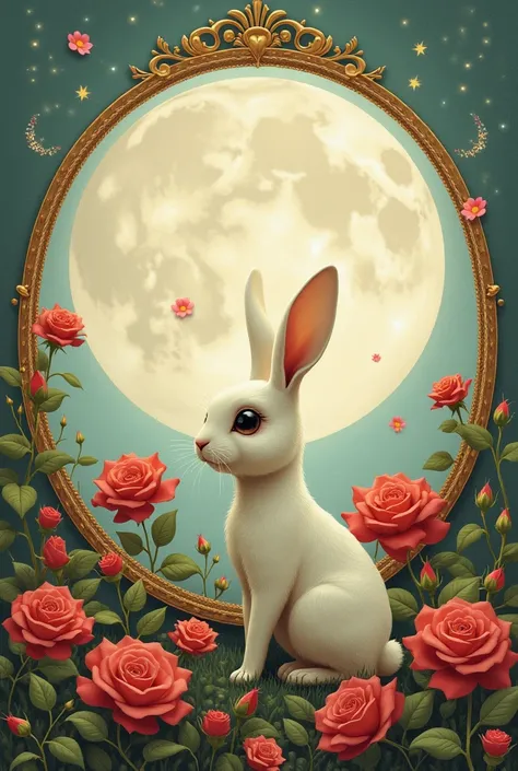 moon　rabbit　 Rose　Round frame