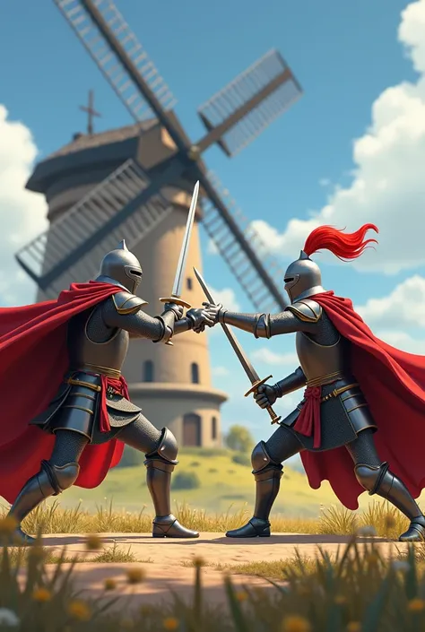 Two animated knights fighting with two windmills