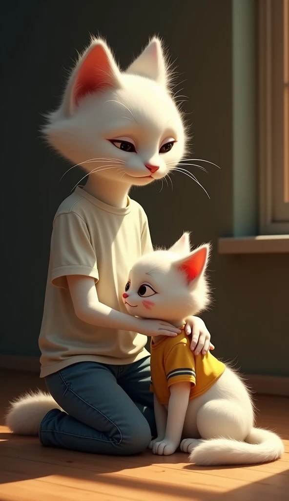 A heartfelt scene of a tall, white anthropomorphic cat kneeling to console a smaller, younger white kitten. The adult cat wearing white t shirt and blue jeans  has a concerned expression, gently holding the  white kittens wearing paint and shirt shoulder, ...