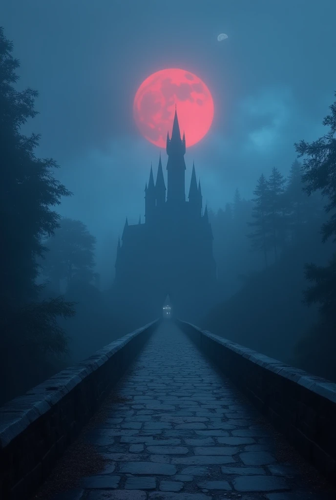 An ancient bridge enveloped in deep fog, with a red moon and a blue moon illuminating the scene, creating a mystical, otherworldly atmosphere. In the background, a majestic old castle can be seen, shrouded in mystery. The overall mood is enchanting and sur...