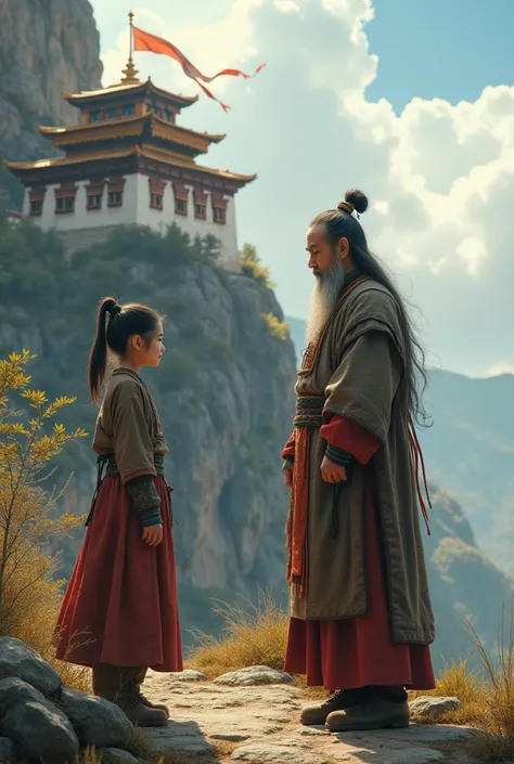 A girl and a Chinese man with long hair in traditional clothes in front of a Tibetan monastery 