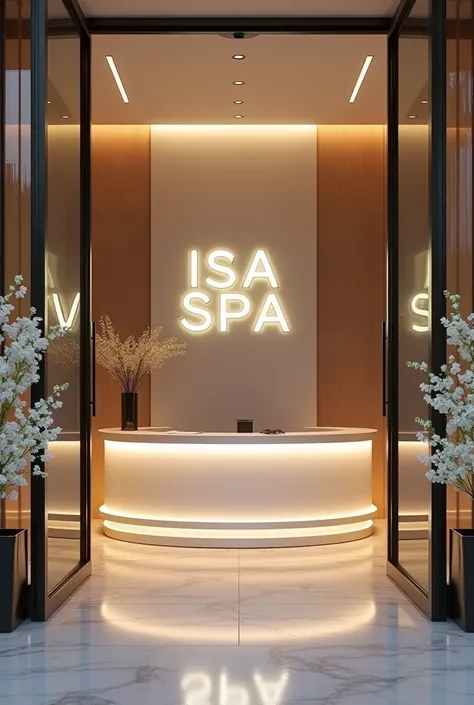  create an entrance to a space with glass doors in the background with a half moon counter with white neon lights written ISA SPA in the color gold. With lights around the sides decorate with white flowers  