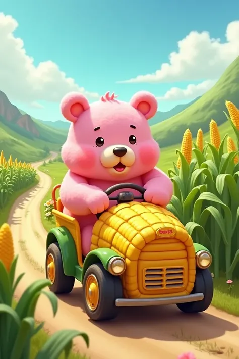 Pinky colour bear driving a open bus making out of corn on the way 