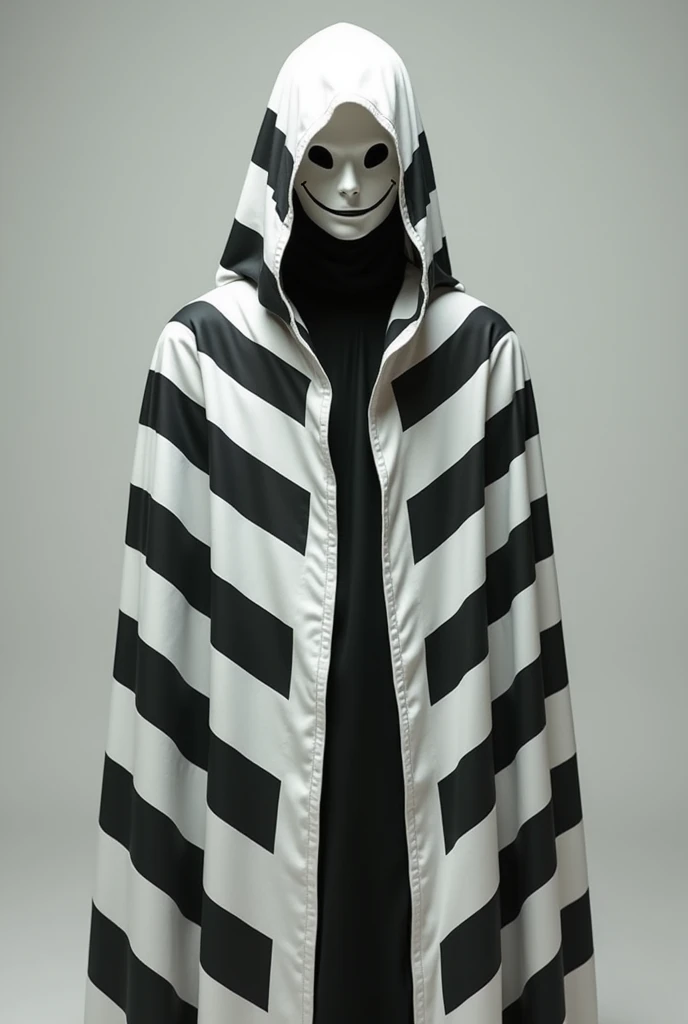 A human with no body part showing ,  covered in a white cloak striped with black and wearing a smiley mask with the same colors