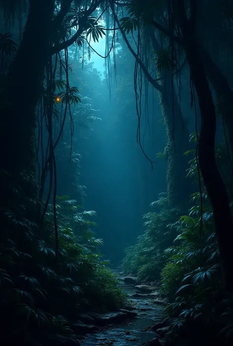 The Amazon rainforest at night, where the darkness is almost absolute, broken only by the occasional flicker of bioluminescent fungi and the glow of predator eyes. The sounds of nocturnal creatures are loud and unsettling, with the rustle of leaves hinting...