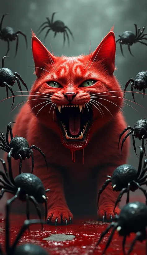 A red cat is bitten by many spiders. The cat is screaming a lot in anger. He has blood stains all over his body. very affected