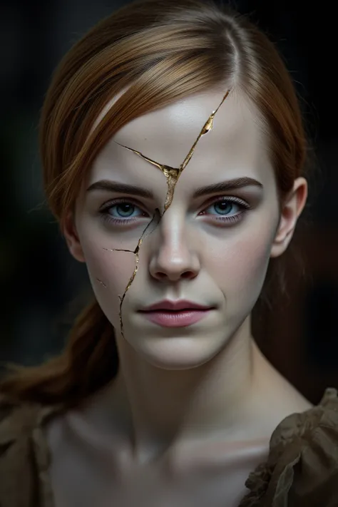 Haunting hyperrealistic portrait of Emma Watson, her porcelain-like skin intricately shattered, golden kintsugi lines weaving through cracks. Intense gaze, one eye intact, the other fragmented. Soft side-lighting accentuates textures. Background fades into...