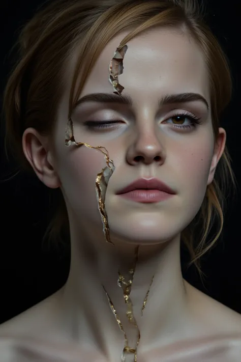 Haunting hyperrealistic portrait of Emma Watson, her porcelain-like skin intricately shattered, golden kintsugi lines weaving through cracks. Intense gaze, one eye intact, the other fragmented. Soft side-lighting accentuates textures. Background fades into...