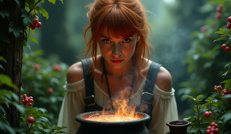 redhead woman brews potions from bushes she is surrounded by magical bushes she has a rugged hairstyle pot of bangs and a dark fanstasy 1970s 1980s vhs screenshots dvd old retro cinema