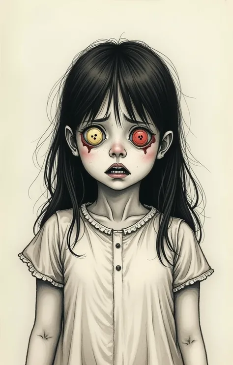 CREATE A SCARED GIRL WITH BUTTONS IN HER EYES LOOKING AT ME WHO IS A DRAWING