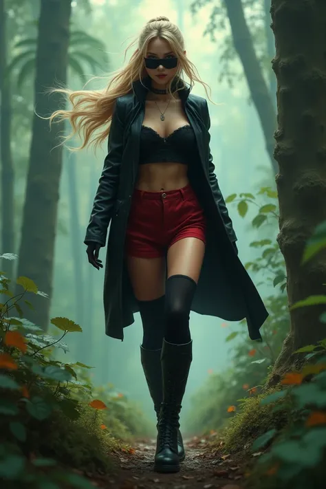 female body, 1girl, black thigh jacket, black high stocking, boots, forest, red short thight pants, masker, walking, ponytail, blonde hair color,