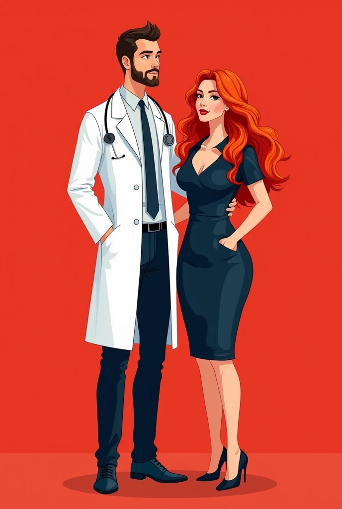  Handsome man in doctors coat next to curvy or fat beautiful woman.  wide hips. She has beautiful red curly hair. She is dressed in office clothes. They are next to each other. The background is red . Drawing grafico. Drawing.