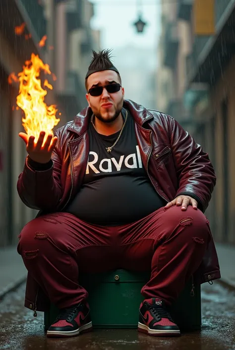 Man 30 years old, Gypsy,  shaved hair sides at 2 and above black toupee with brown reflections ,  fat body , maroon leather jacket ,  black t-shirt written Raval , torn red pants ,  sneakers Nike dunk low black and maroon ,  sitting in a green drawer ,  in...