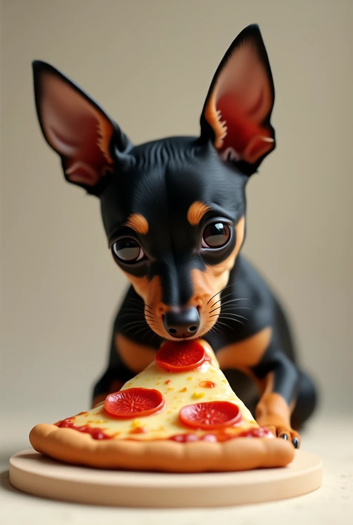 Create a photo of a mini Pinscher eating pizza
