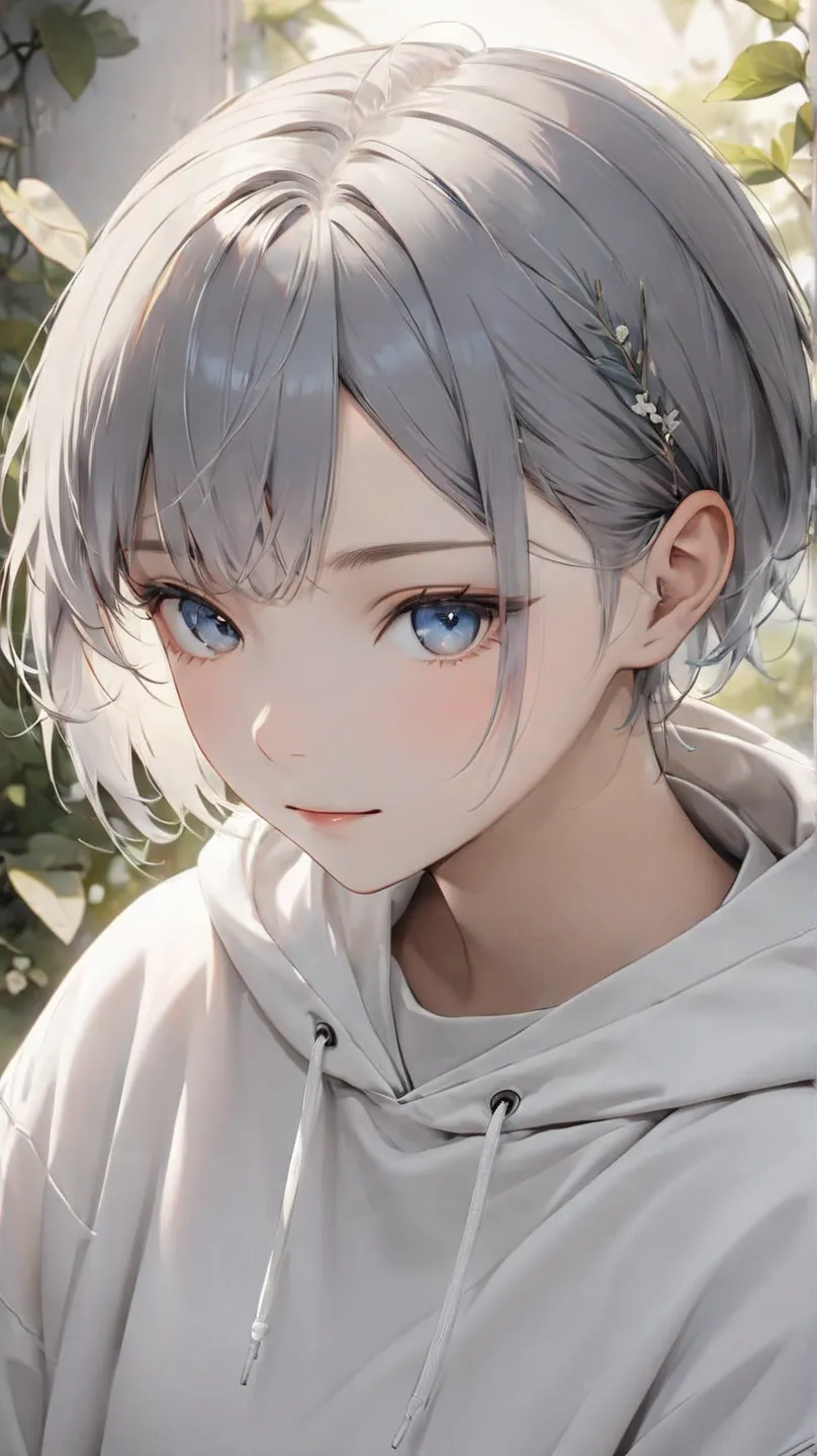 (8k, best quality, masterpiece:1.5), a calm and introspective young woman, short slightly tousled light gray hair with a faint b...