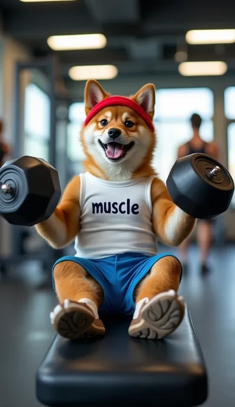 Realistic. Photorealistic. Image is vibrantly colored.
photo,Highly detailed

Realistic photo of a determined Shiba Inu puppy sitting on a gym bench with a large dumbbell in each hand.
The puppy is wearing a white tank top with the word "muscle" written on...