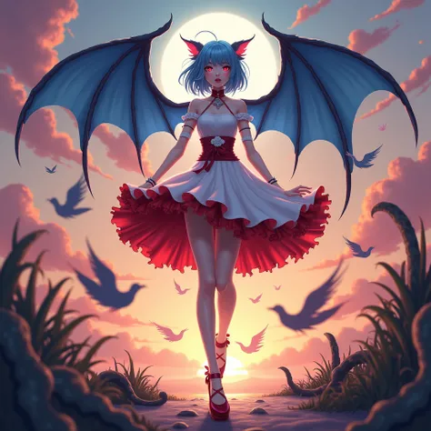 appearance:
Vampire girl. Sky blue hair.  nipples with pink eyes . Pointed ears.  She has blue leather wings behind her . 
 Clothing style :
White and red dress. white stockings.  red shoes . 
actions:
 Black stockings and red shoes . at sunset.   Spin aro...