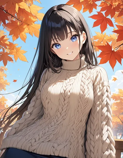 ((1girl)), (Best Quality, Very detailed,Ultra-high resolution), cute girl, (smile,  Kind eyes,blue eyes), {medium breasts,cleavage}, {black hair, semi long Hair},  ((turtleneck long sweater,Hand-knitted Sweater:1.2)),cleavage cutout, sleeve long sweater,th...