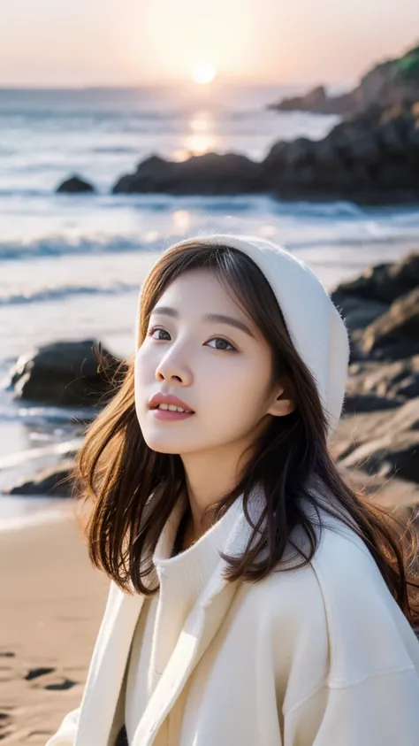  super quality、 ultra high resolution、8k、 comet 、The most beautiful woman in the world、（ brown long hair:1.5）、Small face、Thin, thin eyebrows 、morning、（morning日:1.5）、 sunrise、coastal、 sandy beach、（horizontal line:1.5）、there is nothing、 reality stick、（White ...