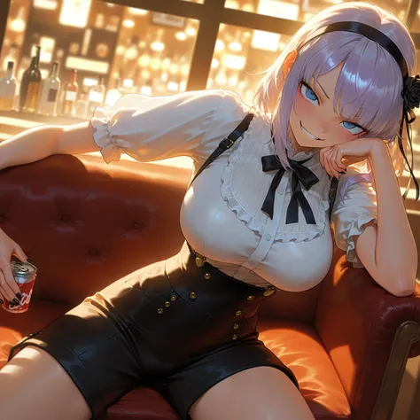 masterpiece, best quality, amazing quality, very aesthetic, absurdres, newest, detailed shading, photorealistic, contemporary, BREAK 1girl, petite, shidare hotaru, ringed eyes, dagashi (place), naughty face, snacks, frilled shirt, high-waist shorts, suspen...