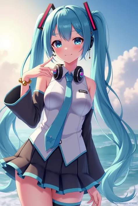  brush touch、 1 girl ,Gal, Big Breasts ,( best quality,  absolute resolution  ,  super detailed ,masterpiece),(  photorealistic),8k,( detailed face ), delicate realistic skin texture,(Sparkling Eyes), Hatsune Miku, Aqua Hair, twin tails, very long hair, ha...