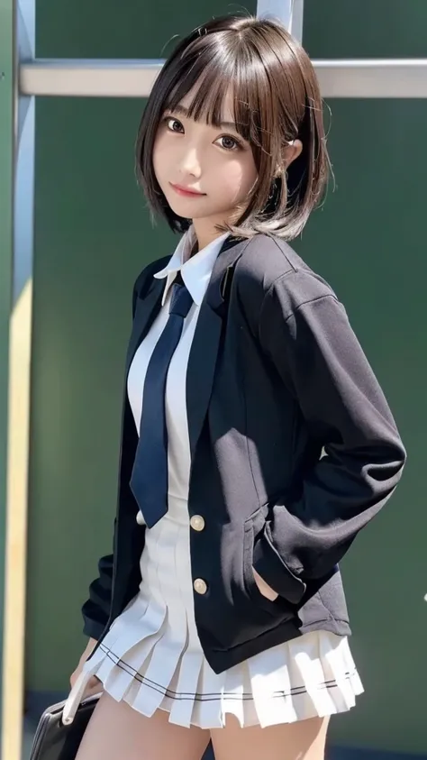 ((masterpiece,  best quality,  high definition ,  Ultra High Definition)),  Japanese High School Girls,(Realistic:1.4)、Excited、 Amazing Face 、Pointed Mouth、 close your mouth、Glossy Lips 、 Short Hair ,(Beautiful Hair:1.5)、 high school uniform ,(Black blazer...