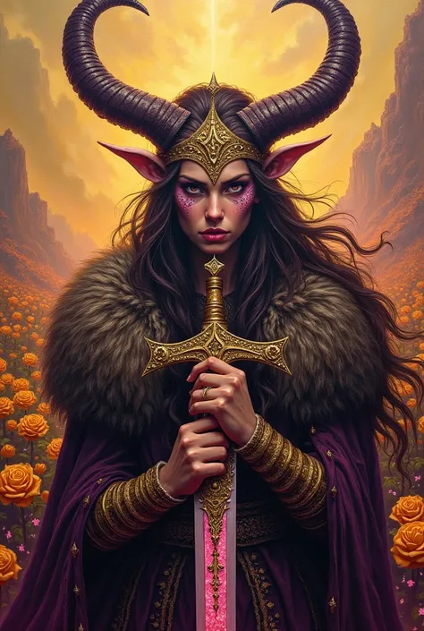 Oil painting art a close up of a person with a horned head and a sword from glitter on her faced bling-bling, viking womans berserker, viking queen art painting golden-roses colour, epic viking queen, viking shaman queen, viking god, viking woman warrior, ...