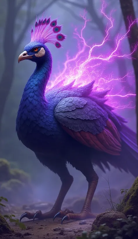  Pecock with monster like body and purple light come out of his body