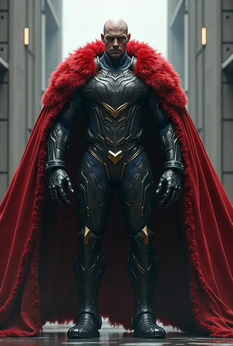 Giant human with no hair Silver pupil eyes and wears royal tech clothes clan master skinsuit red fur cloak 