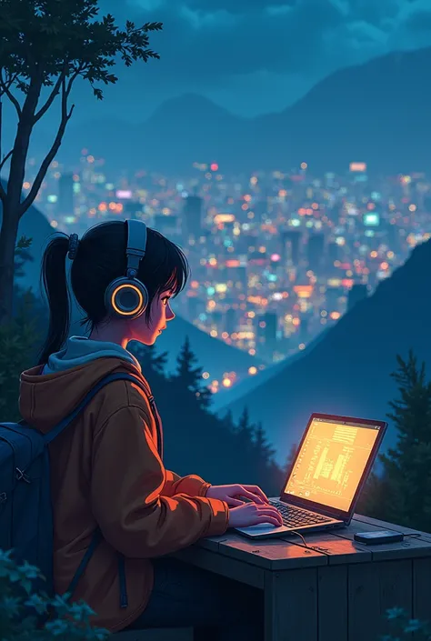 Anima "a tomboy wearing headphone and looking to the buildings of the city far from the house which is on the mountain in night while studying o his computer