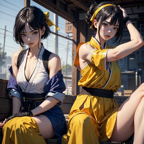 Female Fighter、 Kung Fu Master、Realistic、 is anatomically correct、 upper body up 、Sitting flat、 painful expression、A tattered body、 Fighting Poses、Bleeding、Messy Bobcut、Yellow、 headband、 arm cover、 black hair、((Shabby Hanbok))、gloves、 Trained Biceps