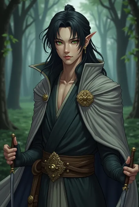 Dnd character fantasy anime style, Asian man with pale skin, point ears and long black hair in a low half ponytail, green eyes with the black sclera.
Wears a gray cloak shoulder link with a golden pin, he has 2 dagger in his hands.
In the background there ...